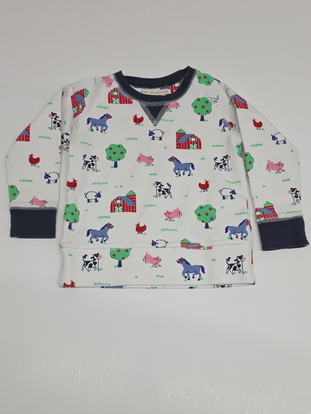 The Beaufort Bonnet Company White Long-Sleeve Farm Animal Tee with Navy Trim